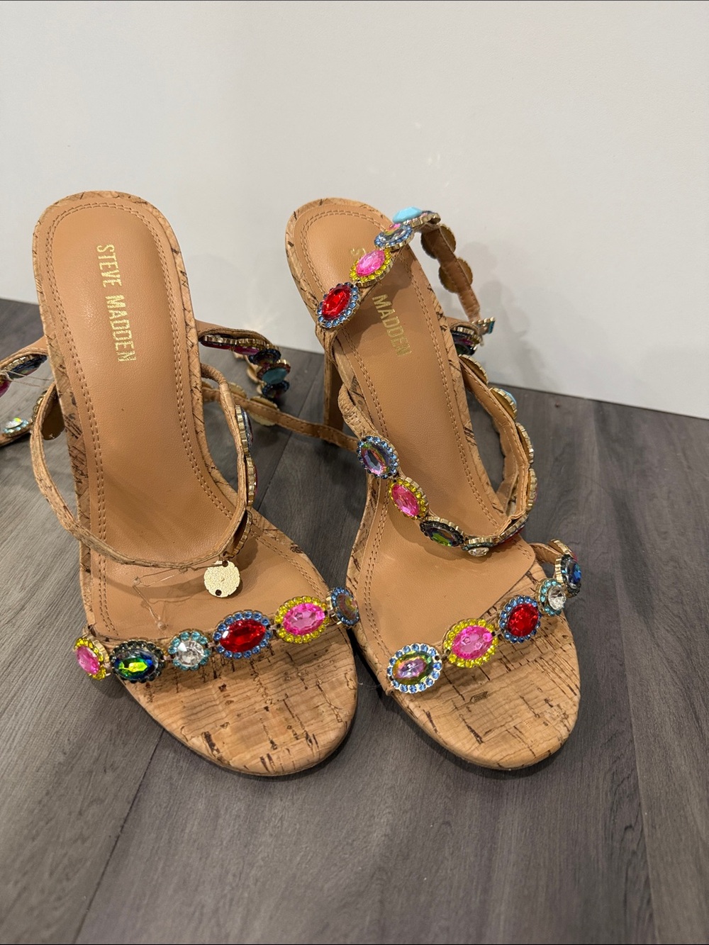 Steve Madden Tan Cork Heeled Sandals with Multicolor Gem Accents